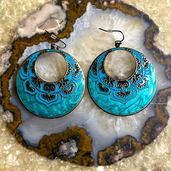Bohemian Mandala Turquoise Green/ Silver Hoop Dangle Earrings - Picture 1 of 2